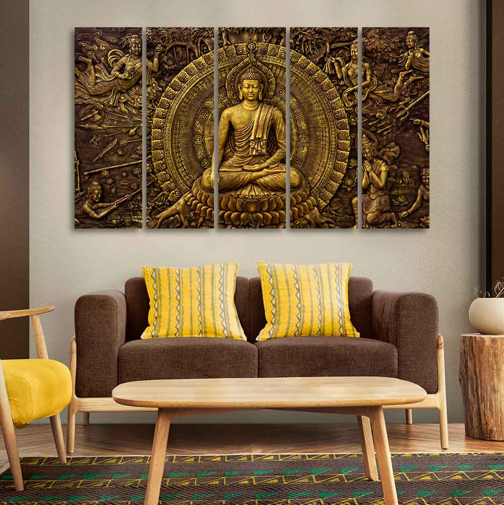 Premium Canvas Wall Painting of Lord Gautam Buddha of Five Pieces