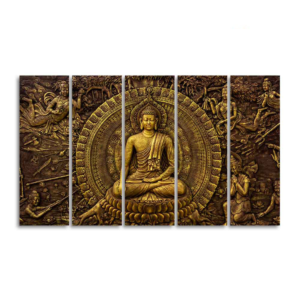 Premium Canvas Wall Painting of Lord Gautam Buddha of Five Pieces