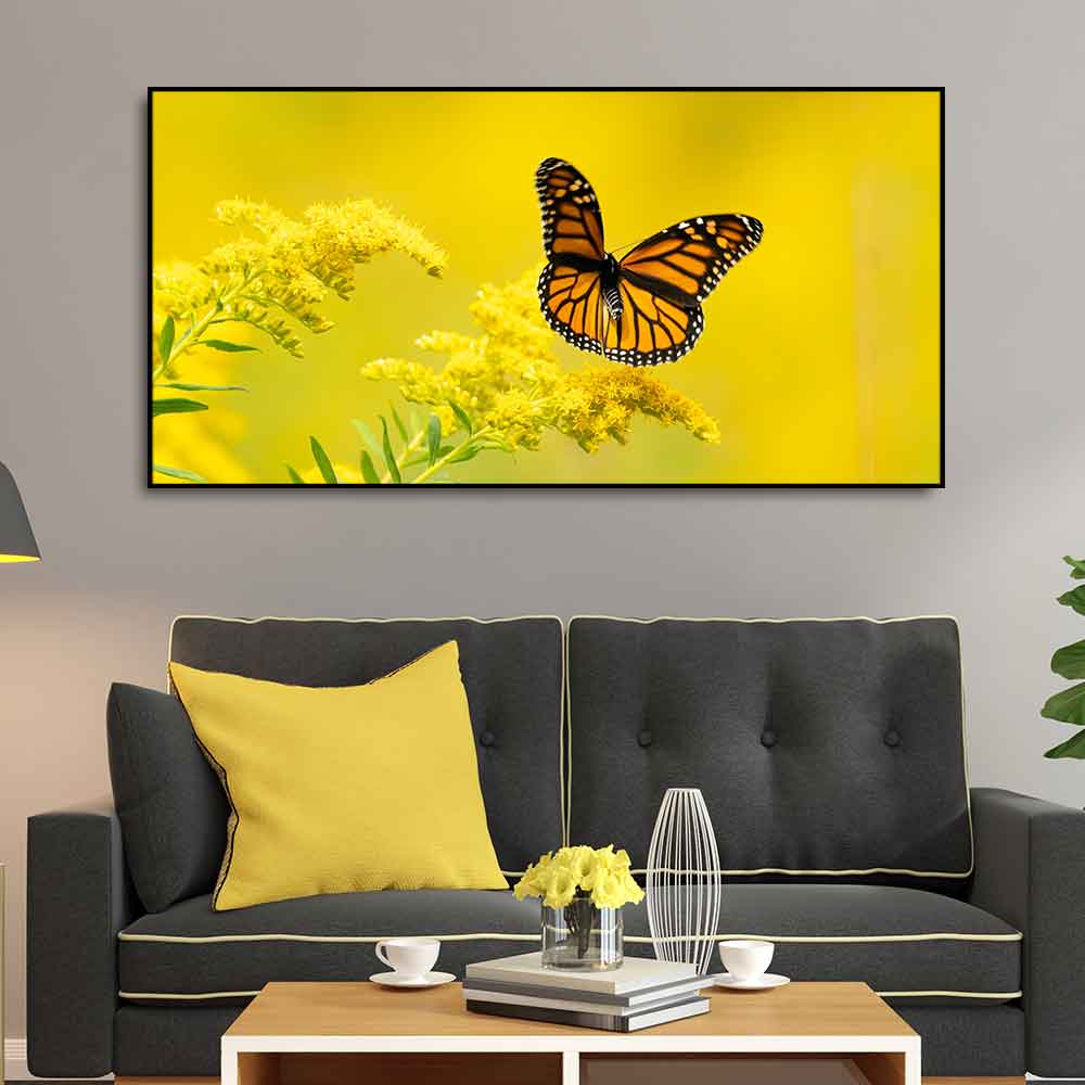 Premium Canvas Wall Painting of Monarch Butterfly on Yellow Flower