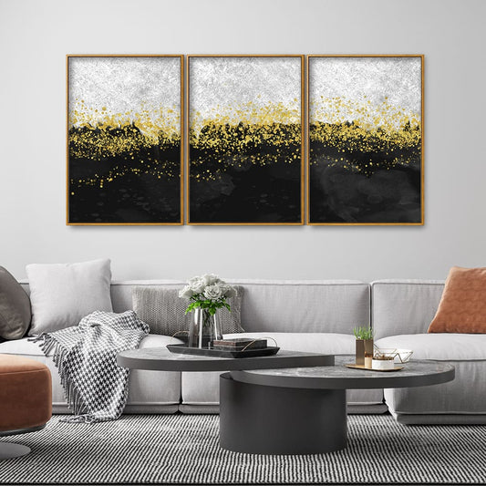 Premium Gold Glitter Particles on Black Background Floating Canvas Wall Painting Set of Three