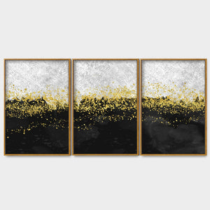 Premium Gold Glitter Particles on Black Background Floating Canvas Wall Painting Set of Three