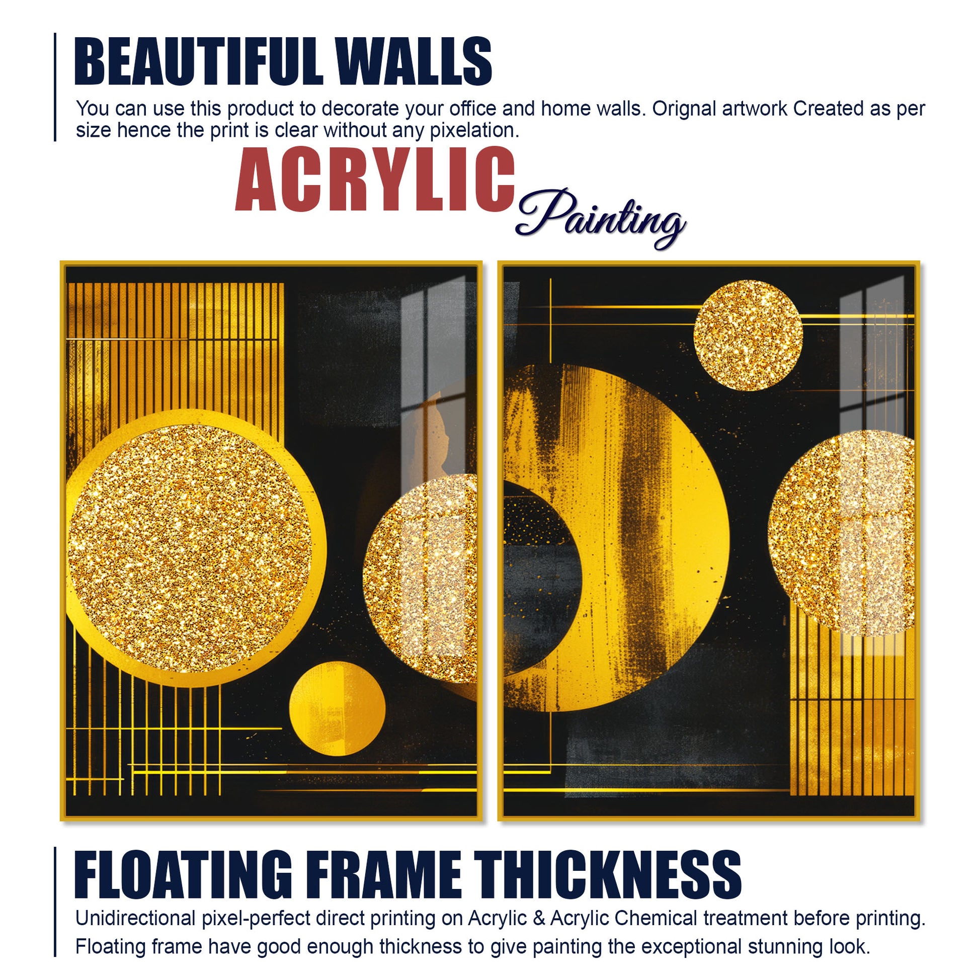 Premium Golden Crystal Circular Shape Acrylic Art Floating Wall Painting Set of 2