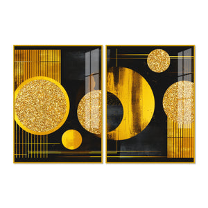 Premium Golden Crystal Circular Shape Acrylic Art Floating Wall Painting Set of 2