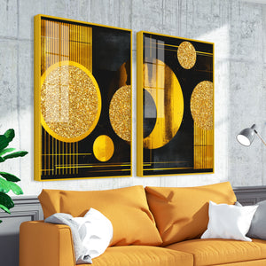 Premium Golden Crystal Circular Shape Acrylic Art Floating Wall Painting Set of 2