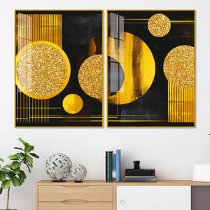 Premium Golden Crystal Circular Shape Acrylic Art Floating Wall Painting Set of 2