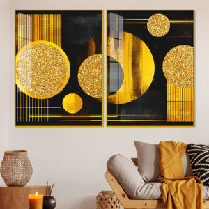 Premium Golden Crystal Circular Shape Acrylic Art Floating Wall Painting Set of 2