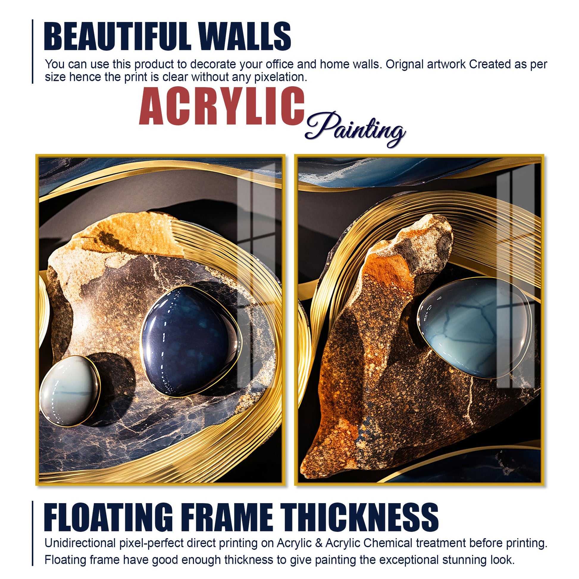 Premium Marble Stone Textural Art Acrylic Floating Wall Painting Set Of 2