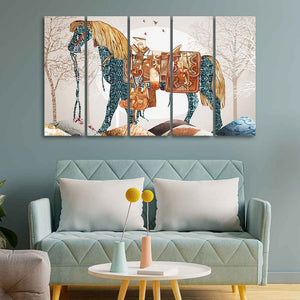 Premium Quality Wall Painting of Patterned Horse of Five Pieces