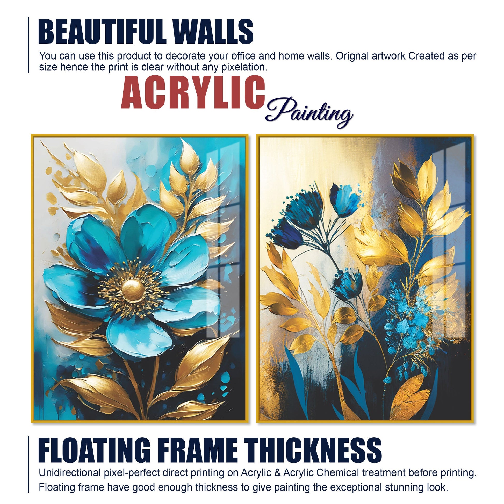 Premium Textural Blue Flower Artistic Acrylic Floating Wall Painting Set Of 2