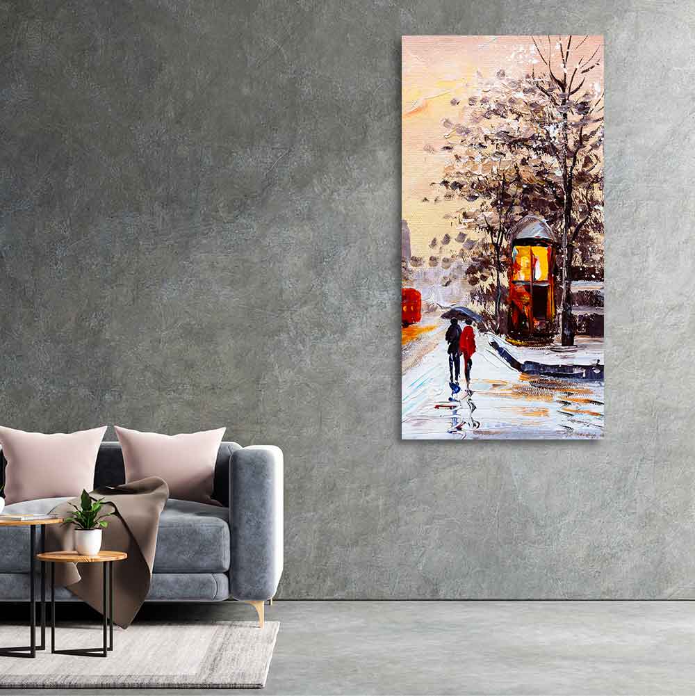 Premium Wall Canvas Painting of a Couple Walking in Snowfall