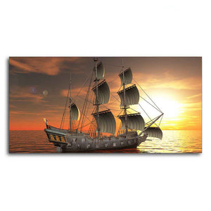 Premium Wall Painting of 3D Sailing Ship in Sunset