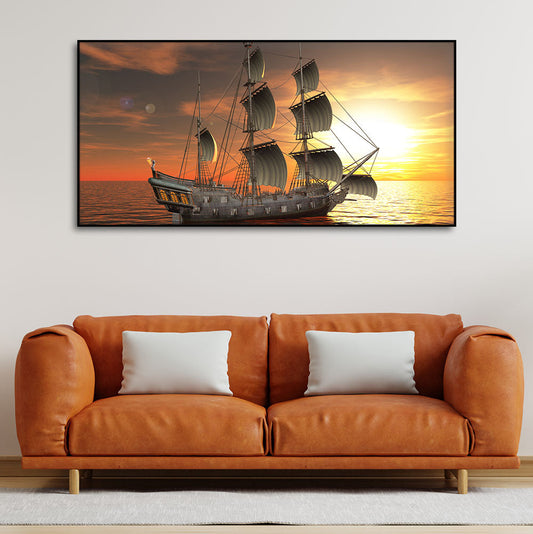 Premium Wall Painting of 3D Sailing Ship in Sunset