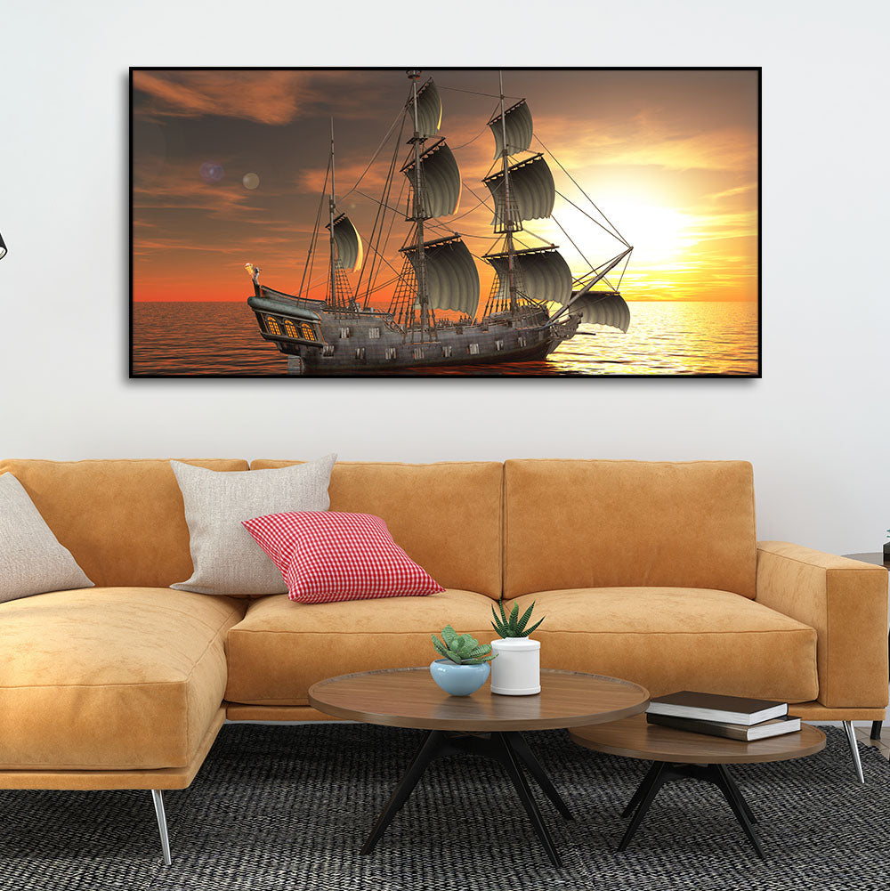 Premium Wall Painting of 3D Sailing Ship in Sunset