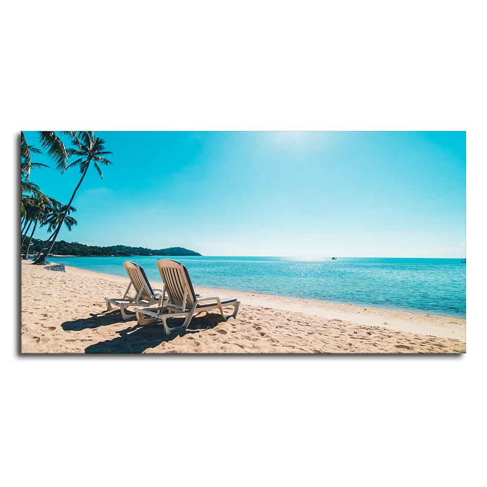 Premium wall Painting of Beautiful Beach with Chair & Blue Sky