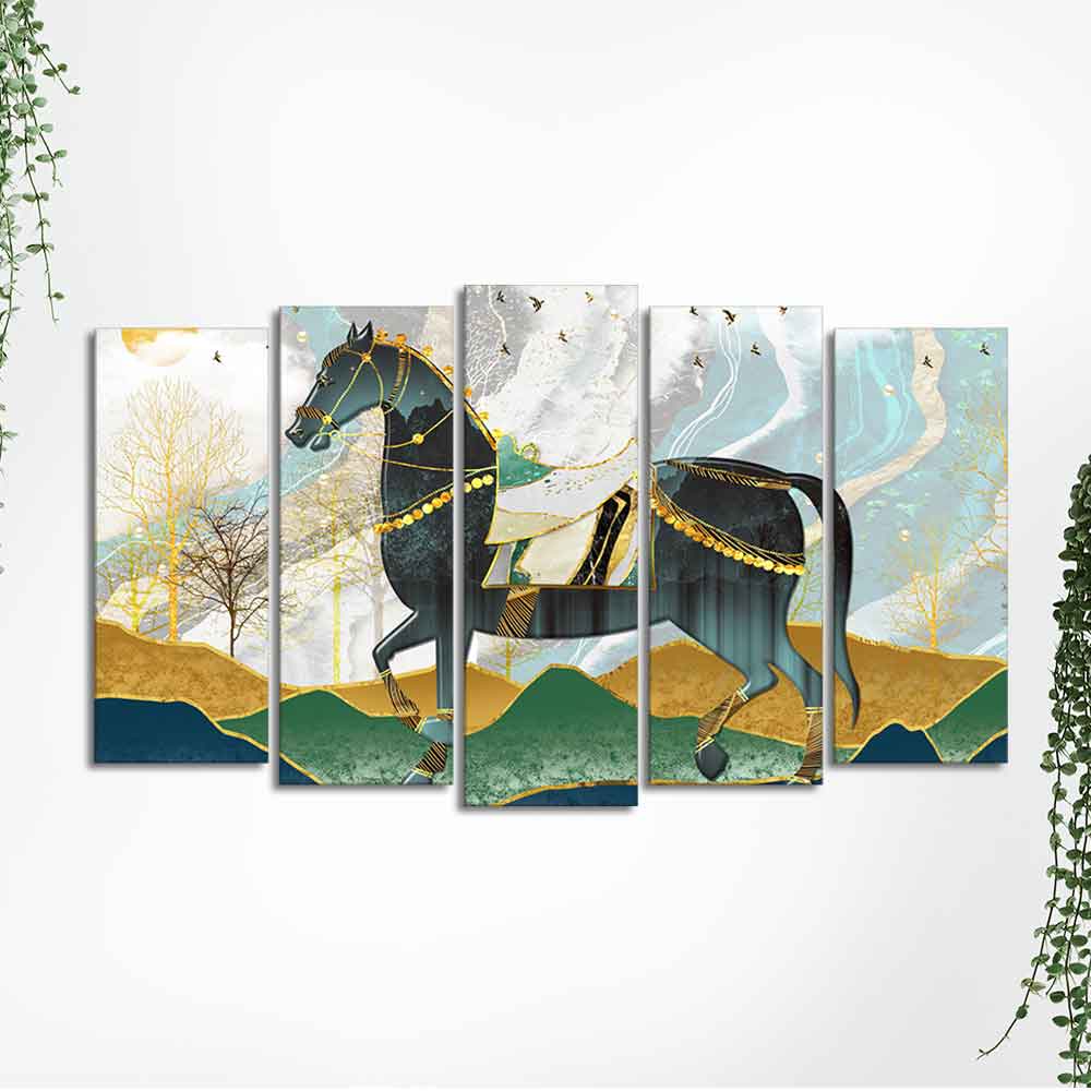 Premium Wall Painting of Horse and Golden trees of Five Pieces