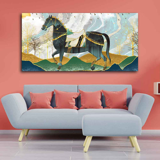 Premium Wall Painting of Horse and Golden trees with Colored Mountains