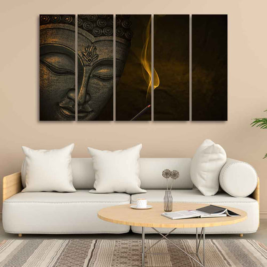 Premium Wall Painting of Peaceful Lord Buddha Sculpture Set of Five