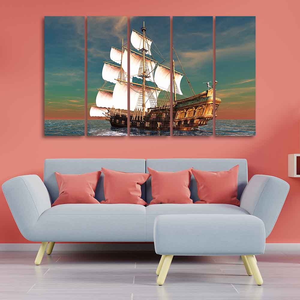 Premium Wall Painting of Ship on the Ocean Five Pieces