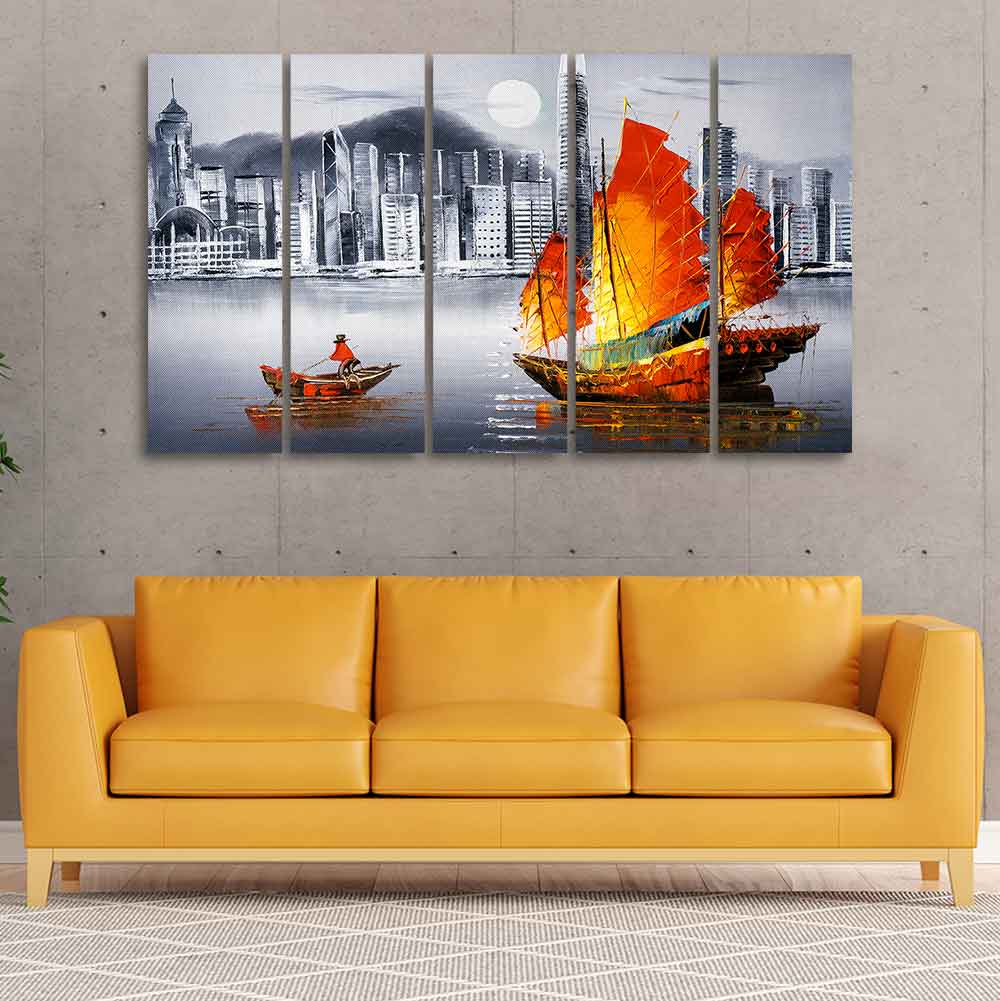 Premium Wall Painting of Victoria Harbor, Hong Kong Set of Five