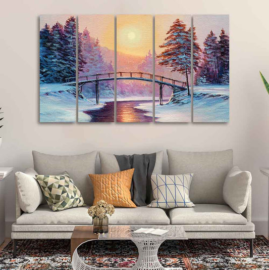 Premium Wall Painting of Winter Landscape with the River Set of Five