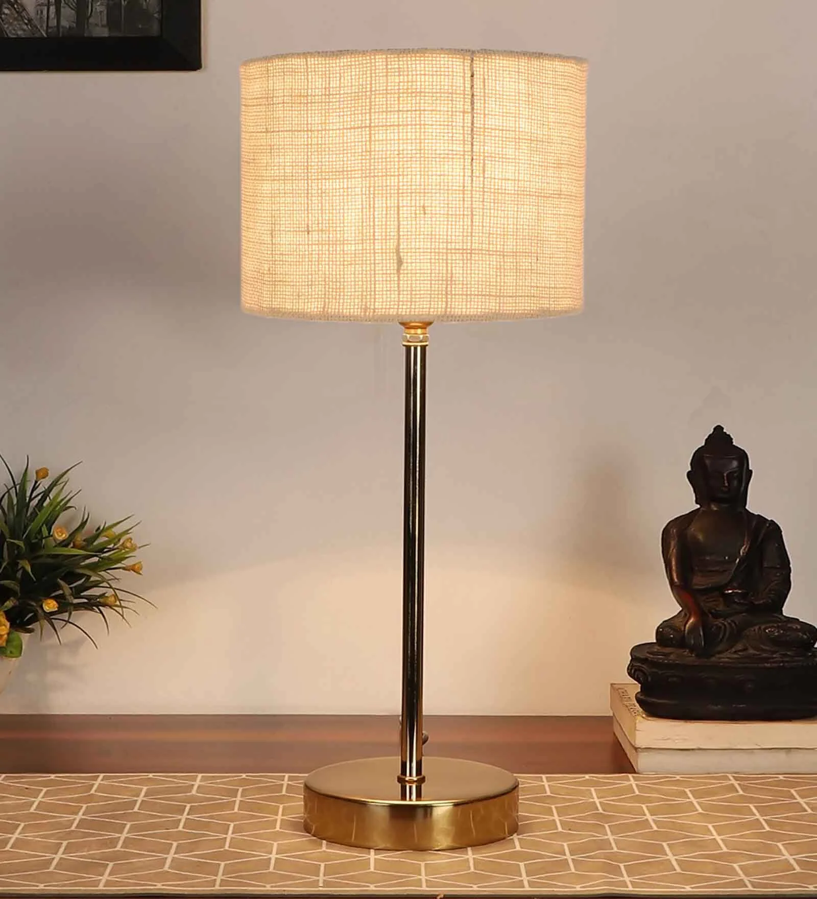 Premium White Jute with Metal Golden Finish Table Lamp