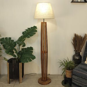 Premium Wooden Floor Lamp with Brown Base and Beige Fabric Lampshade