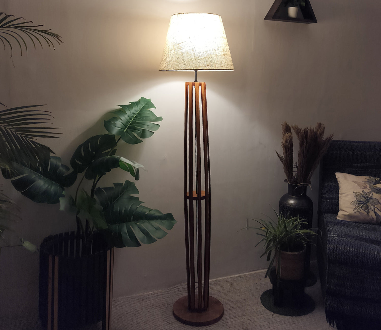 Premium Wooden Floor Lamp with Brown Base and Beige Fabric Lampshade