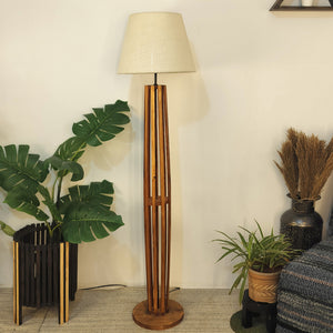 Premium Wooden Floor Lamp with Brown Base and Beige Fabric Lampshade