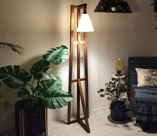 Premium Wooden Floor Lamp with Brown Base and Jute Fabric Lampshade