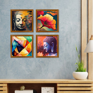 Premium Wooden Wall Frame Painting of Spiritual God Buddha Set of Four