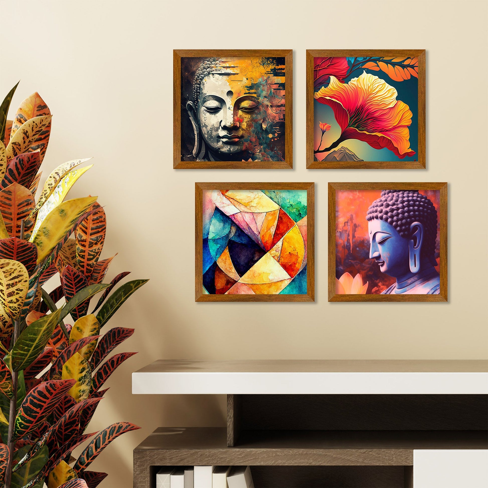 Premium Wooden Wall Frame Painting of Spiritual God Buddha Set of Four