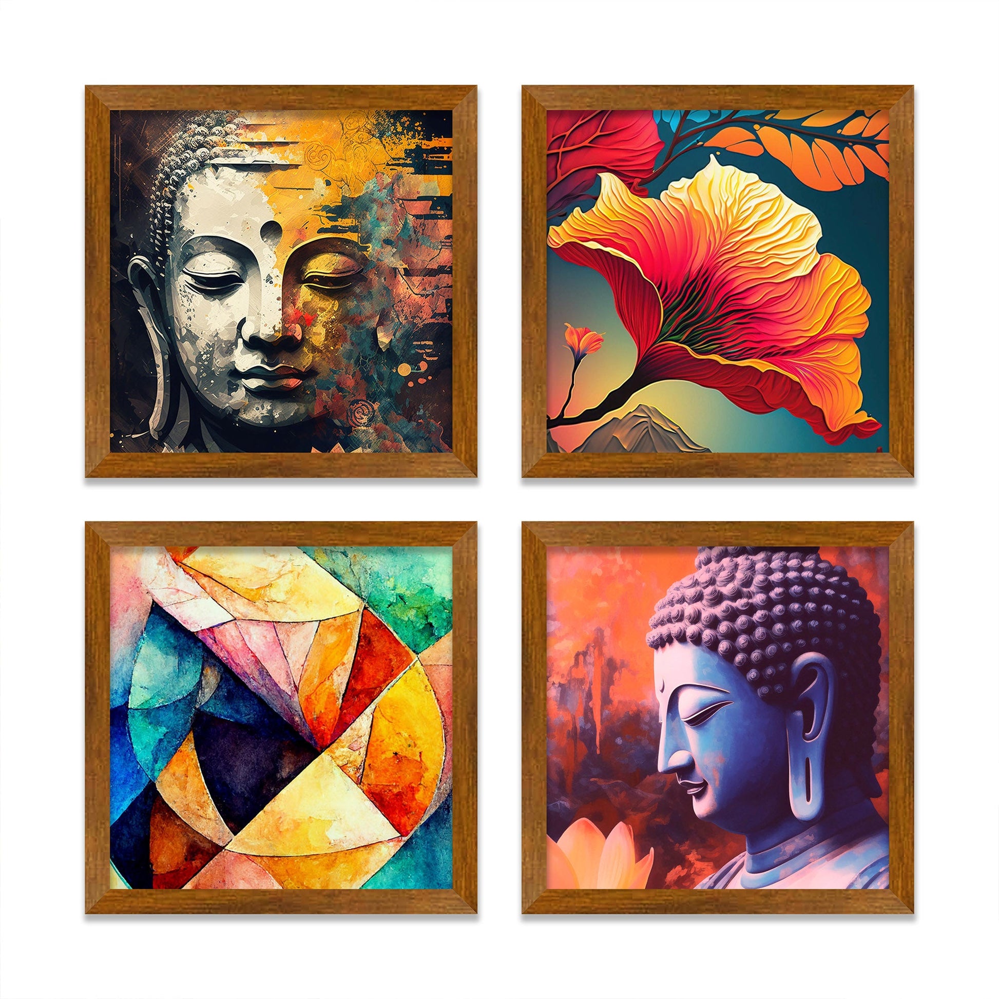 Premium Wooden Wall Frame Painting of Spiritual God Buddha Set of Four