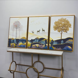 Abstract Golden Landscape Trees with Golden Deer Floating Canvas Wall Painting Set of Three