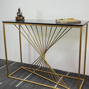 Honeycomb Motif Artistic Golden Finish Metal Console Table