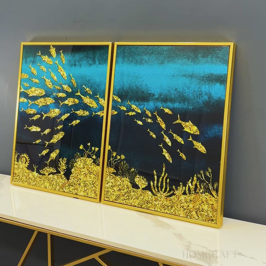 Beautiful Ocean View of Golden Fish Pattern Acrylic Floating Wall Painting Set Of 2