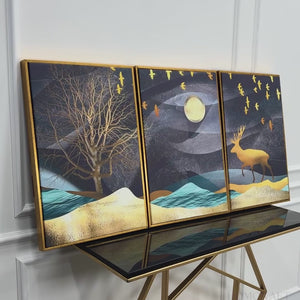 Midnight Golden Deer Scenery Premium Floating Canvas Wall Painting Set of Three