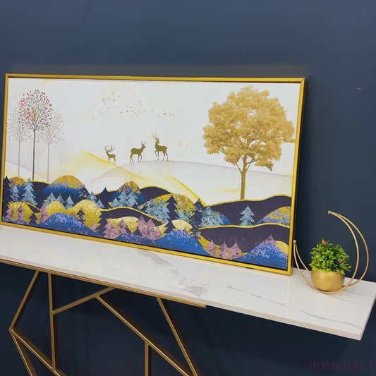 Abstract Golden Landscape Trees with Golden Deer Canvas Wall Painting