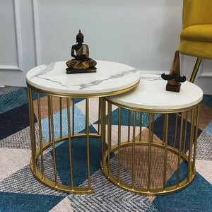 Premium Golden Caged with White Marble Table Set of 2