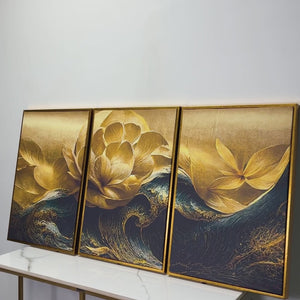 Modern Golden Flower and Waves Floating Canvas Wall Painting Set of Three