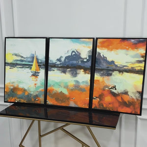 Colorful Art of Sea With Ship Floating Wall Painting Set of 3