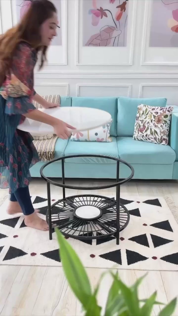 Designer Round Modern Center Table with White Marble Black Metal Finish