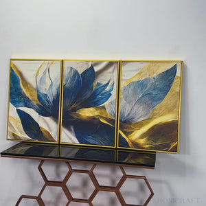 Beautiful Golden Flower and Waves Floating Canvas Wall Painting Set of Three