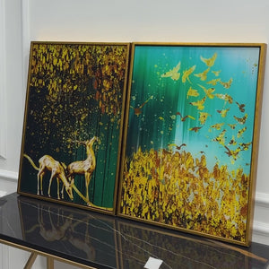 Beautiful Golden Birds and Deer Acrylic Floating Wall Painting Set Of 2