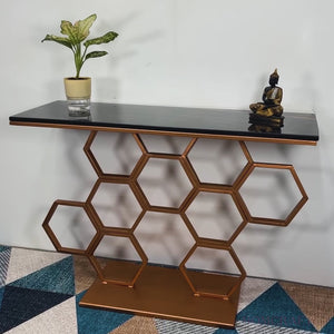 Honeycomb Motif Copper Finish Metal Console Table