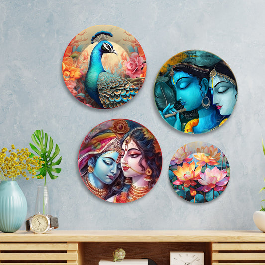 Radha Krishna and Peacock Wall Plates Painting Set of Four