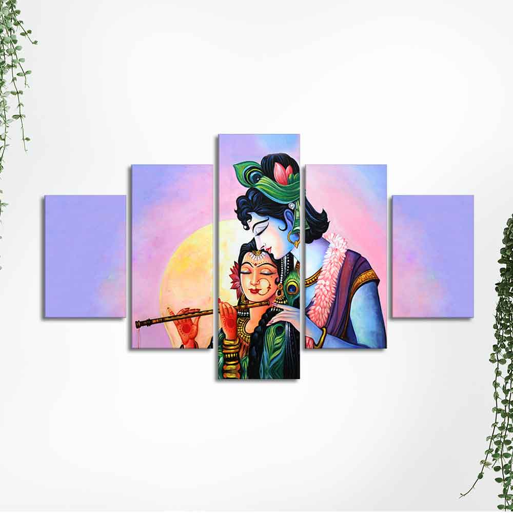 Radha Krishna Canvas Wall Painting Set of Five Panels