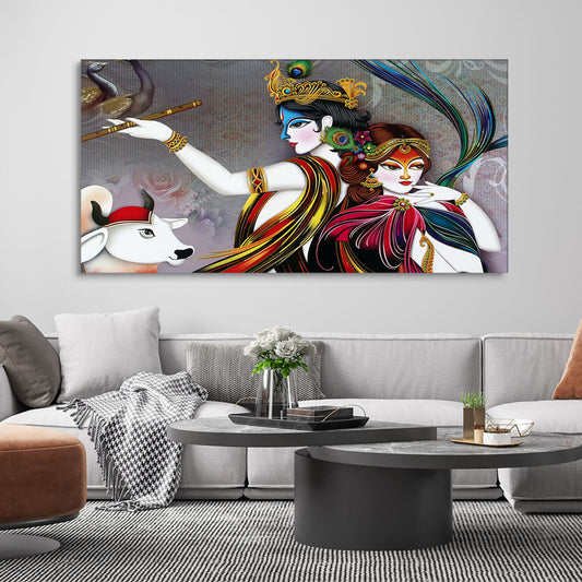 Radha Krishna Playing with Flute Canvas Wall Painting