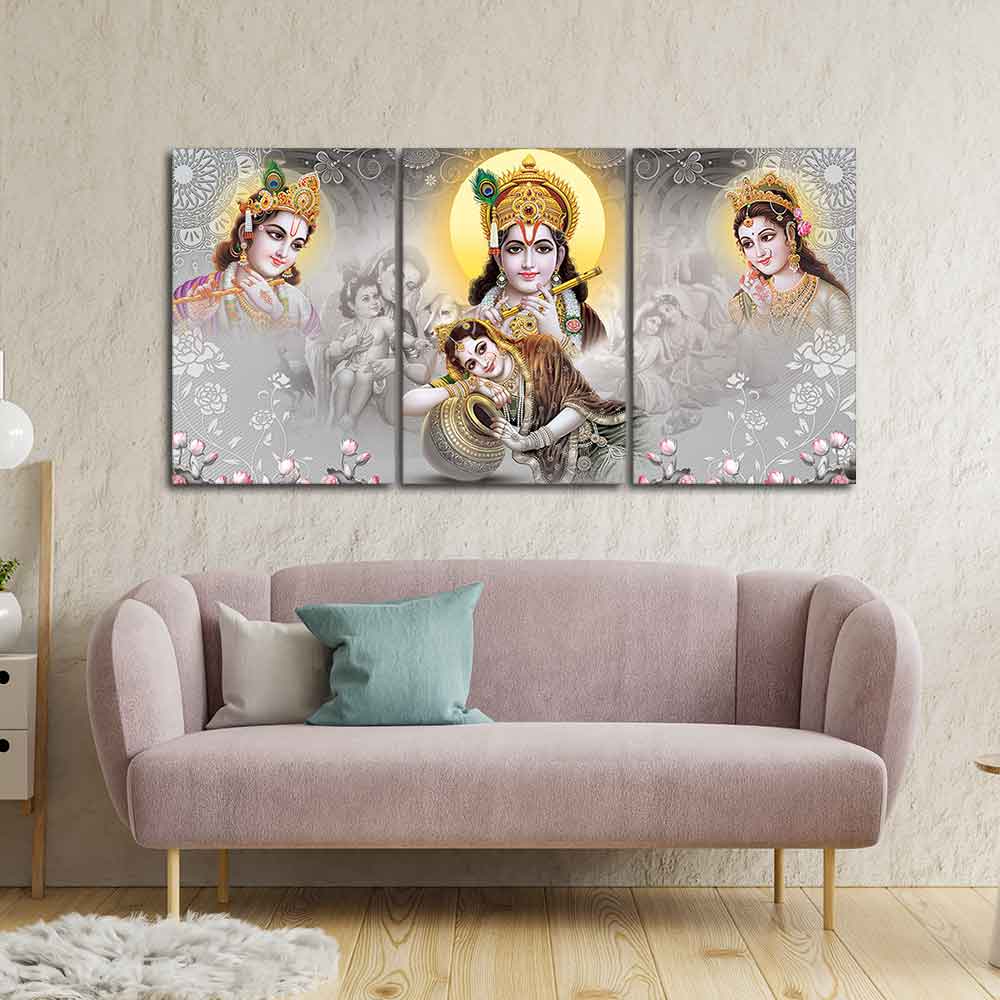 Radha Krishna Preumium Wall Painting of 3 Pieces