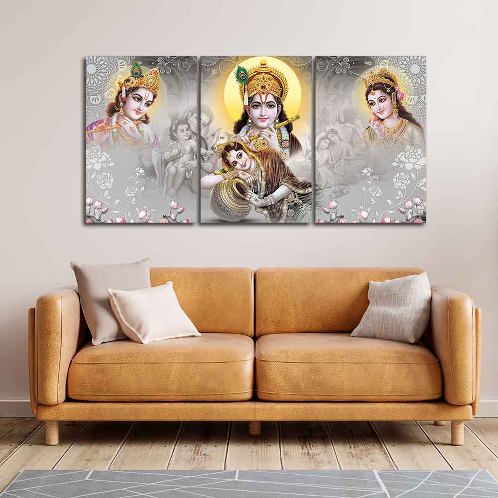 Radha Krishna Preumium Wall Painting of 3 Pieces