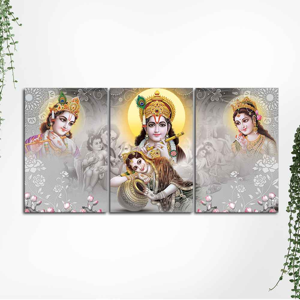 Radha Krishna Preumium Wall Painting of 3 Pieces